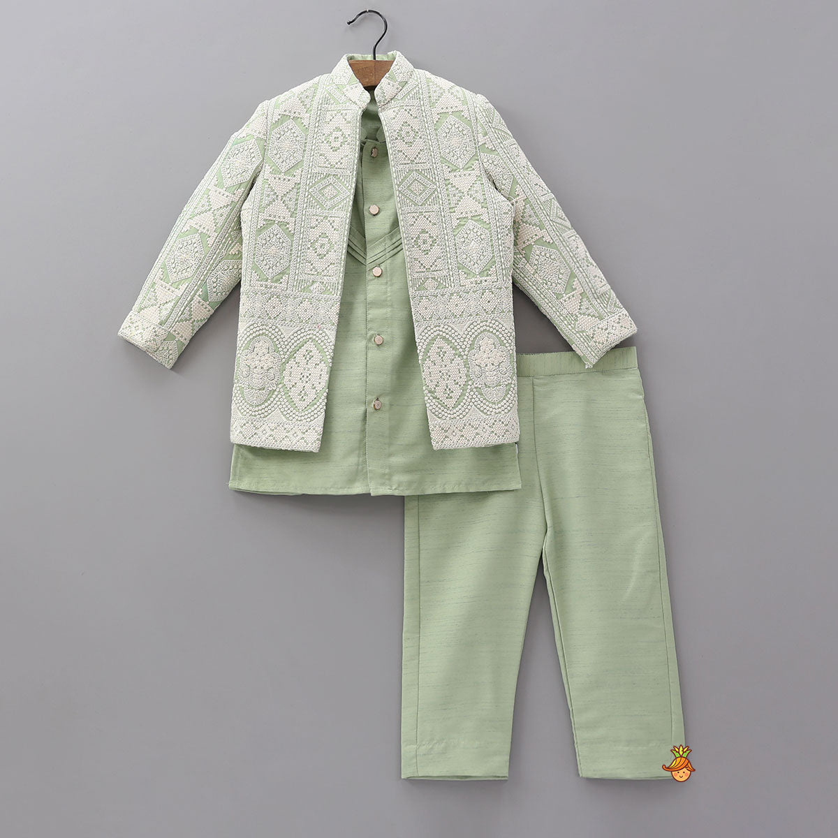 Pintuck Kurta With Thread Embroidered Open Jacket And Pyjama