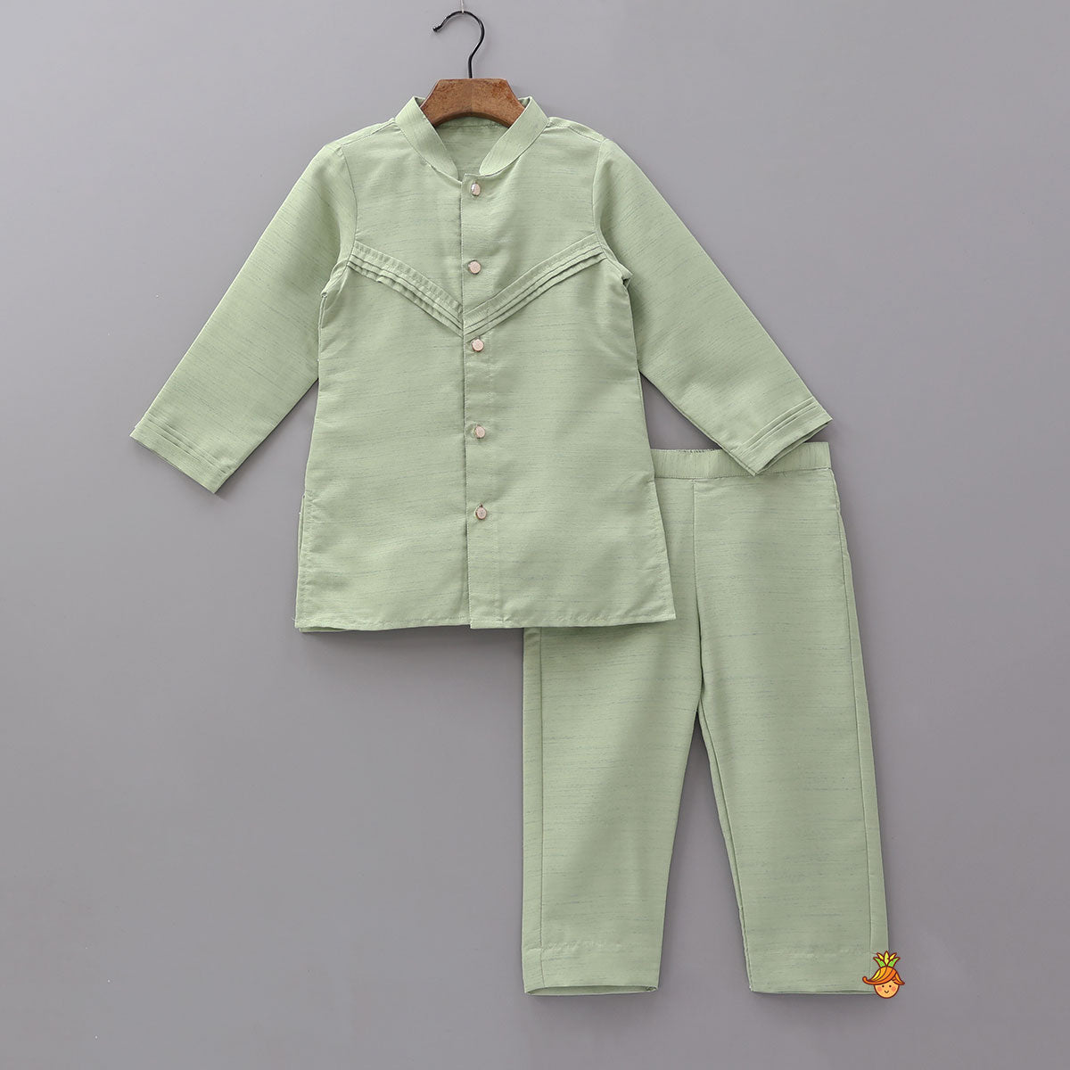 Pintuck Kurta With Thread Embroidered Open Jacket And Pyjama