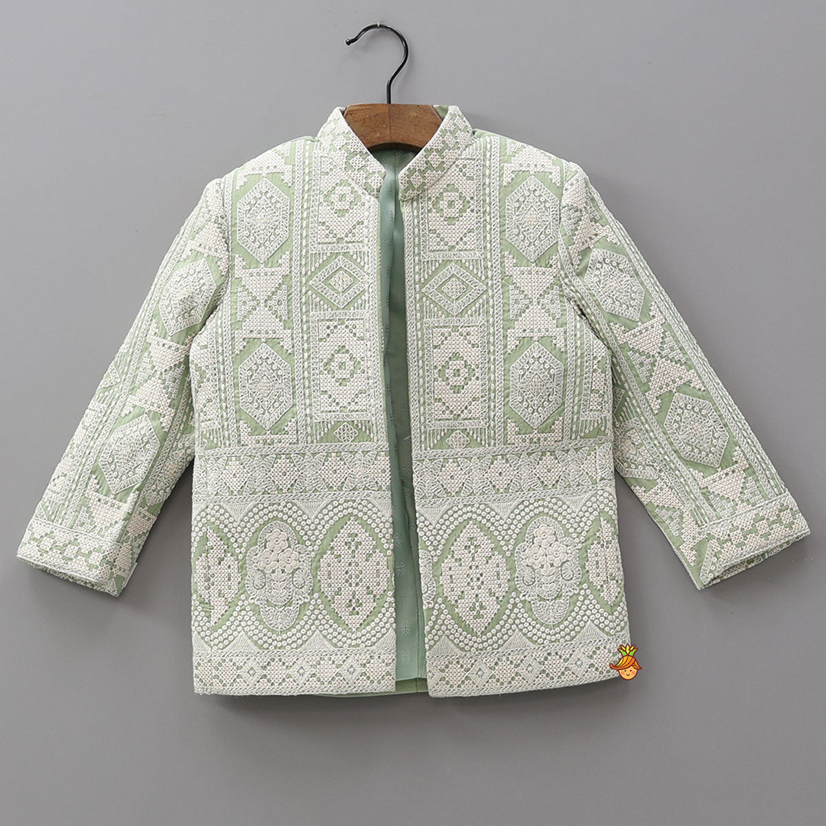 Pintuck Kurta With Thread Embroidered Open Jacket And Pyjama