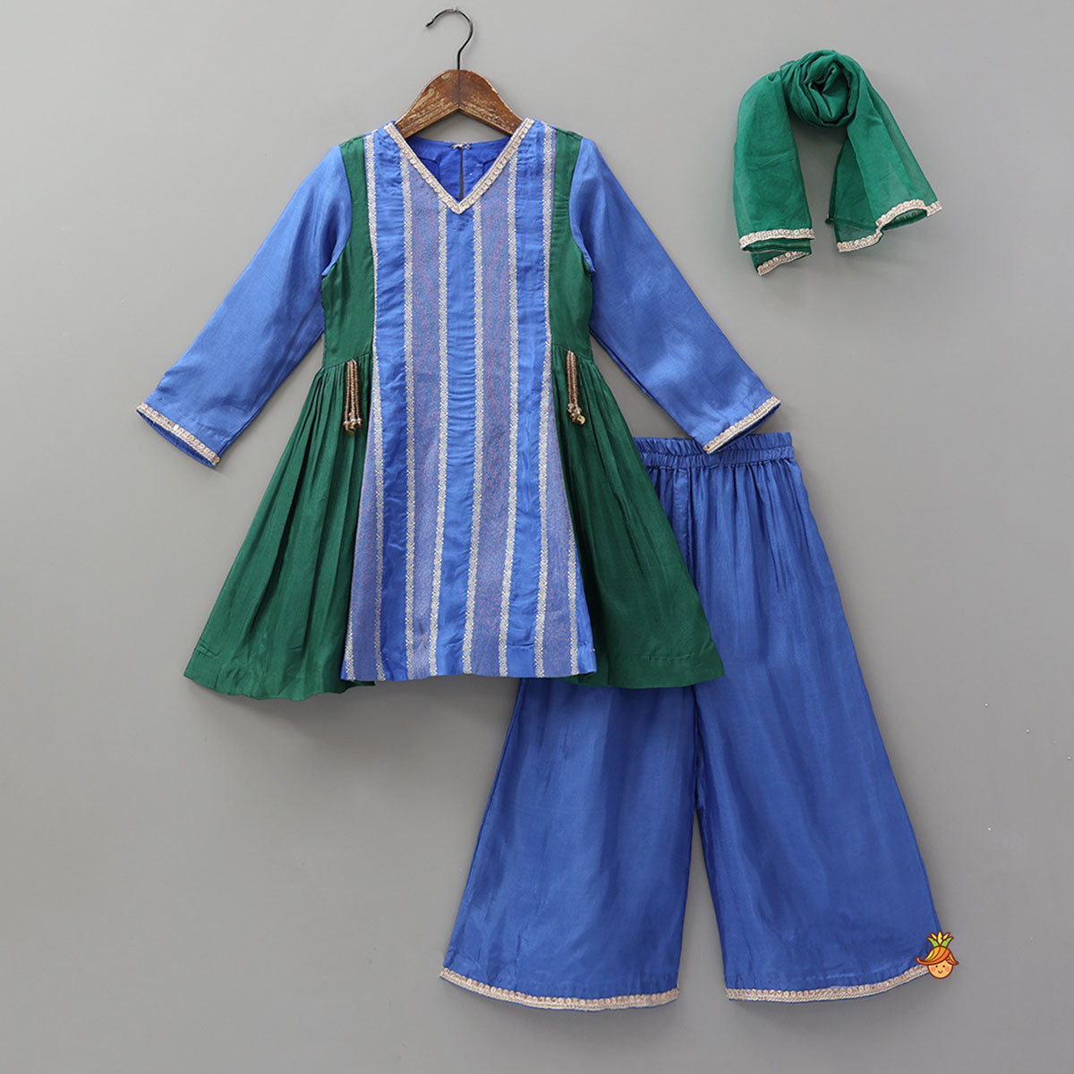 Festive Contrast Panelled Kurti With Flared Palazzo And Dupatta