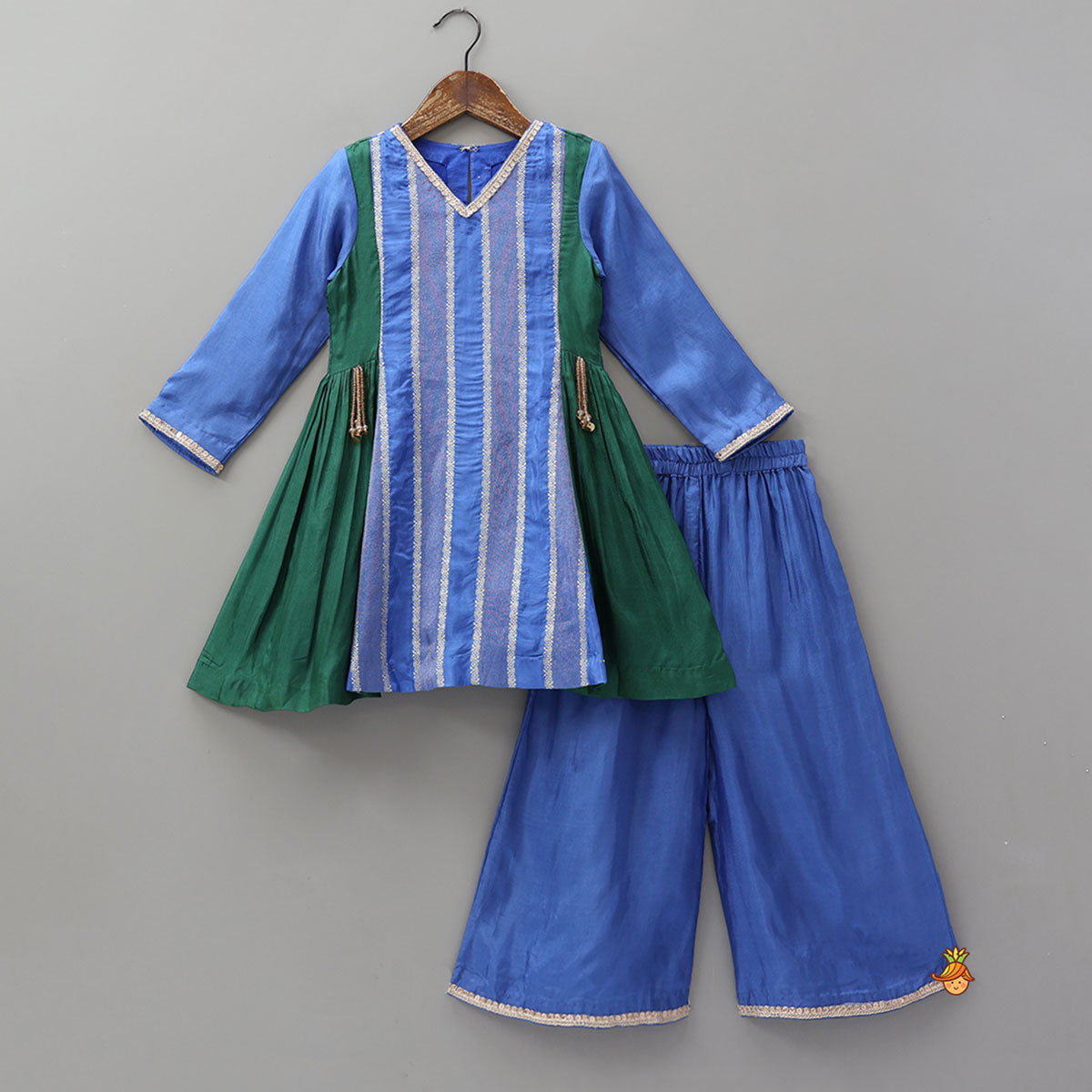 Festive Contrast Panelled Kurti With Flared Palazzo And Dupatta