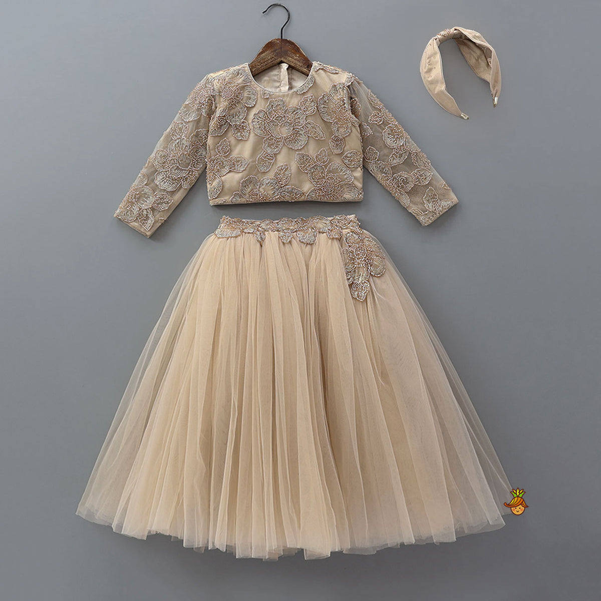 Floral Cutdana Embellished Top With Layered Net Lehenga