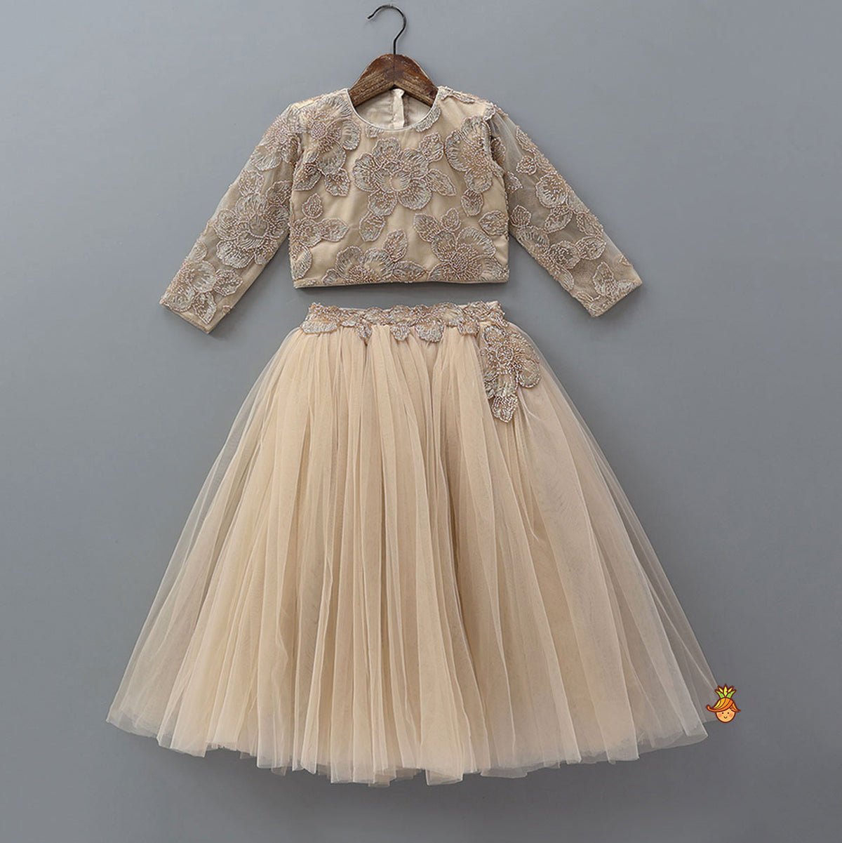 Floral Cutdana Embellished Top With Layered Net Lehenga