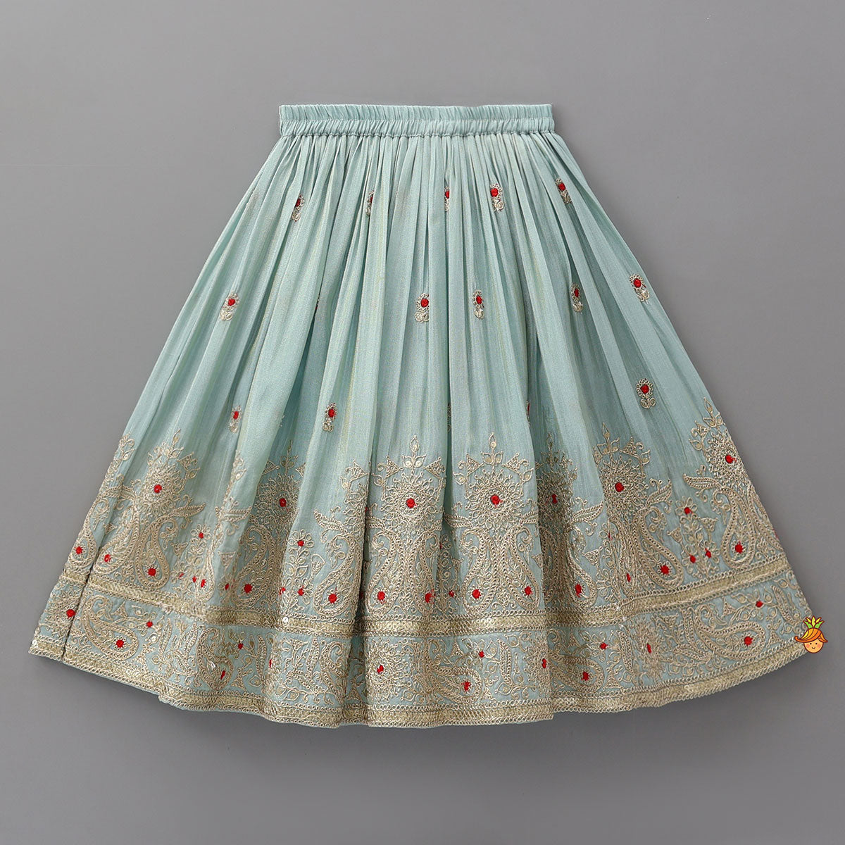 Embroidered Shimmer Crop Top And Lehenga With Net Dupatta