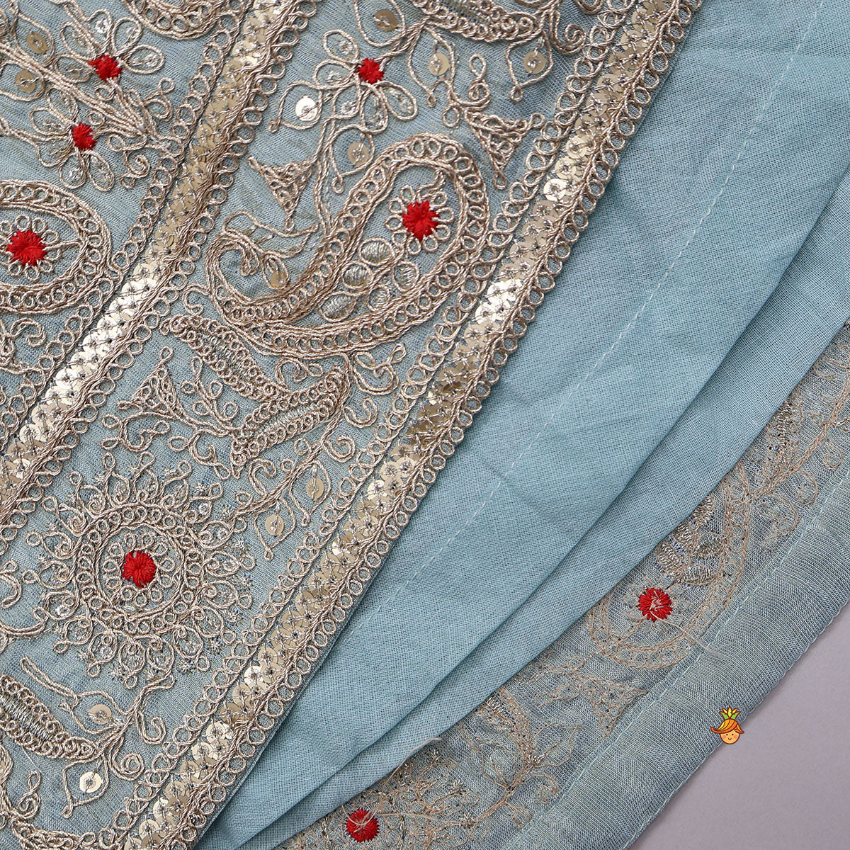 Embroidered Shimmer Crop Top And Lehenga With Net Dupatta