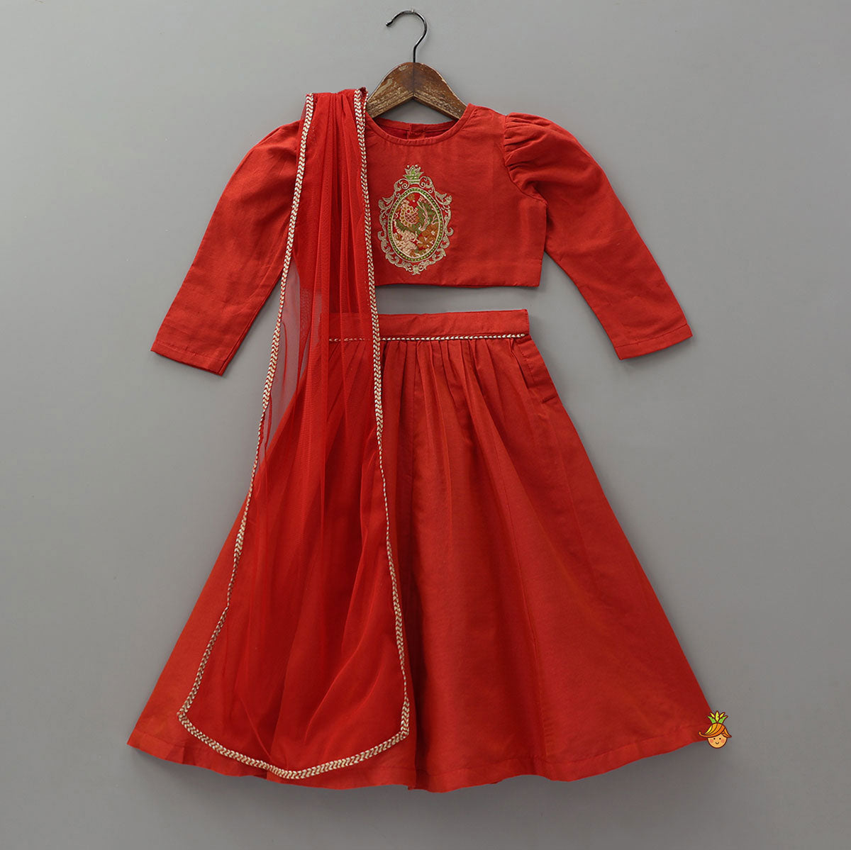 Floral Motif Embroidered Top With Lehenga And Dupatta