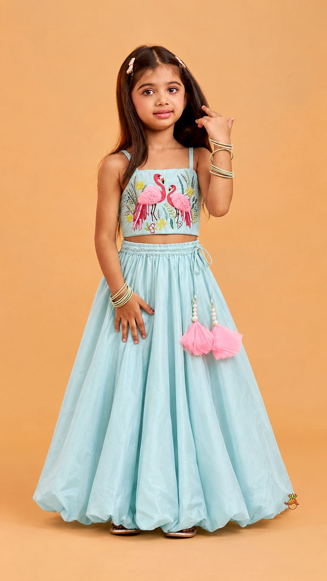 Stylish Adjustable Strap Crop Top And Balloon Lehenga
