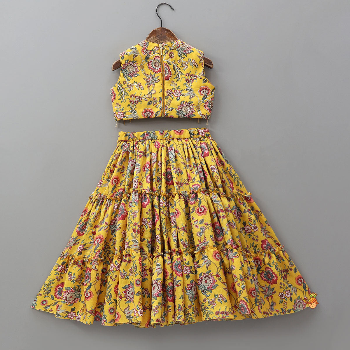 Beautiful Floral Printed Top With Tiered Lehenga And Dupatta