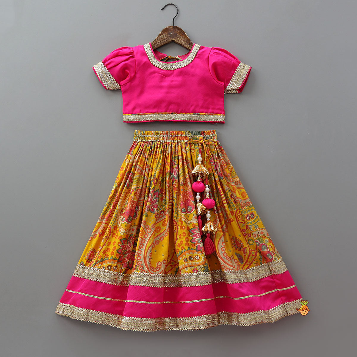 Lace Detailed Top With Paisley Printed Tasseled Lehenga And Dupatta
