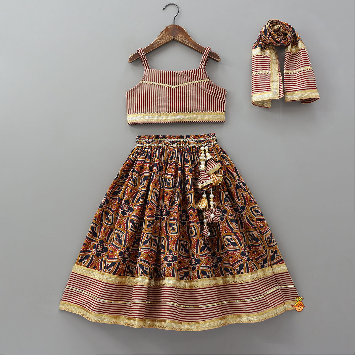 Elasticated Strappy Crop Top And Lehenga With Dupatta
