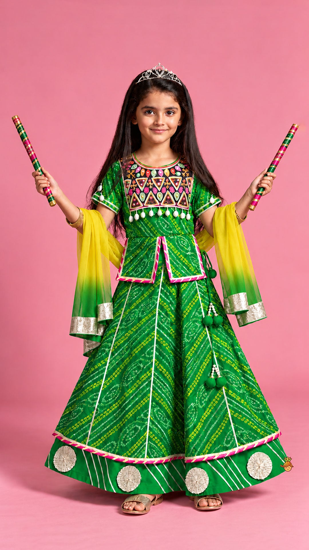 Bandhani Embroidered Kurti With Lehenga And Dupatta