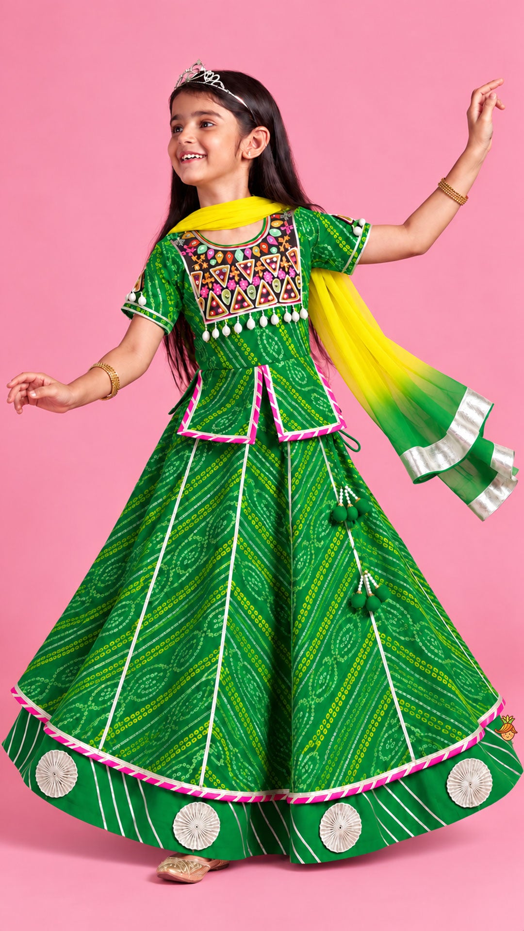 Bandhani Embroidered Kurti With Lehenga And Dupatta