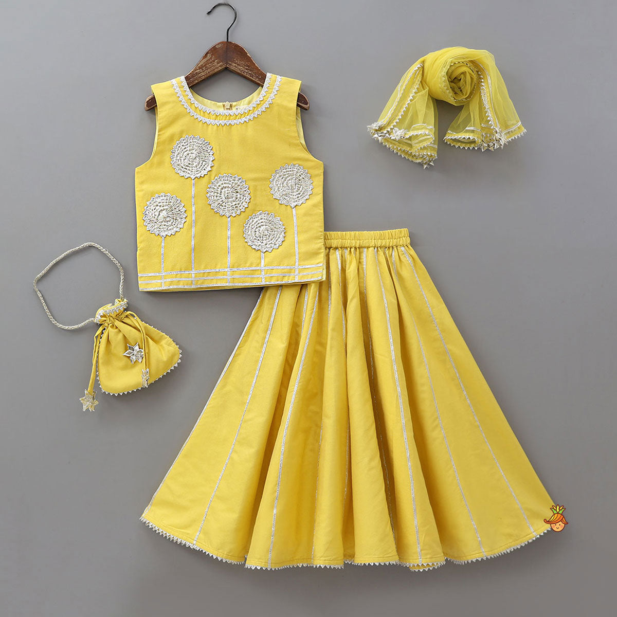 Gota Flower Embroidered Top And Lehenga With Matching Dupatta And Potli Bag
