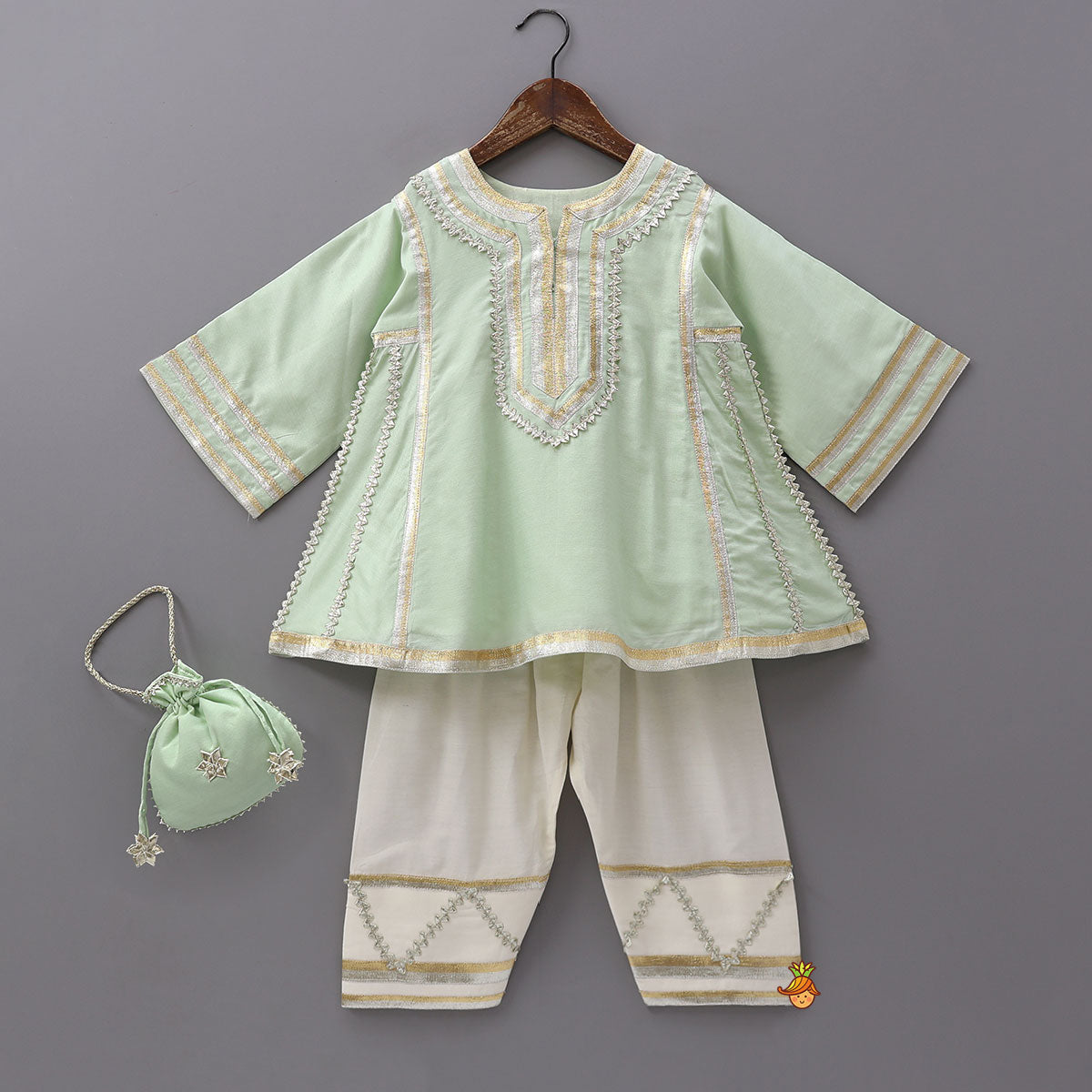 Lace Enhanced Kurti And Farshi Salwar With Potli Bag