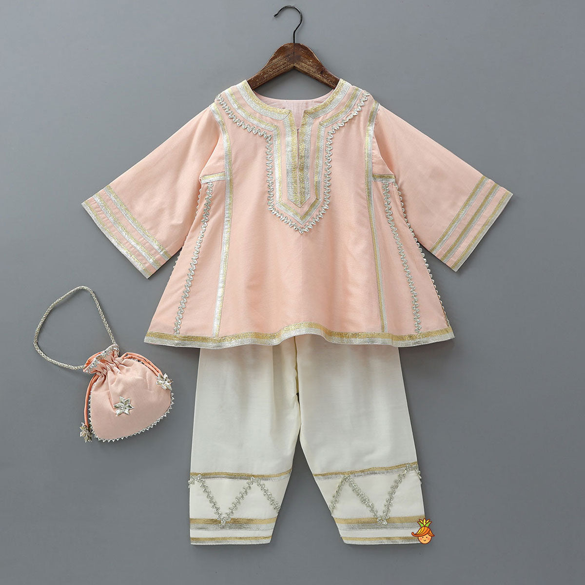 Lace Accented Kurti And Farshi Salwar With Potli Bag