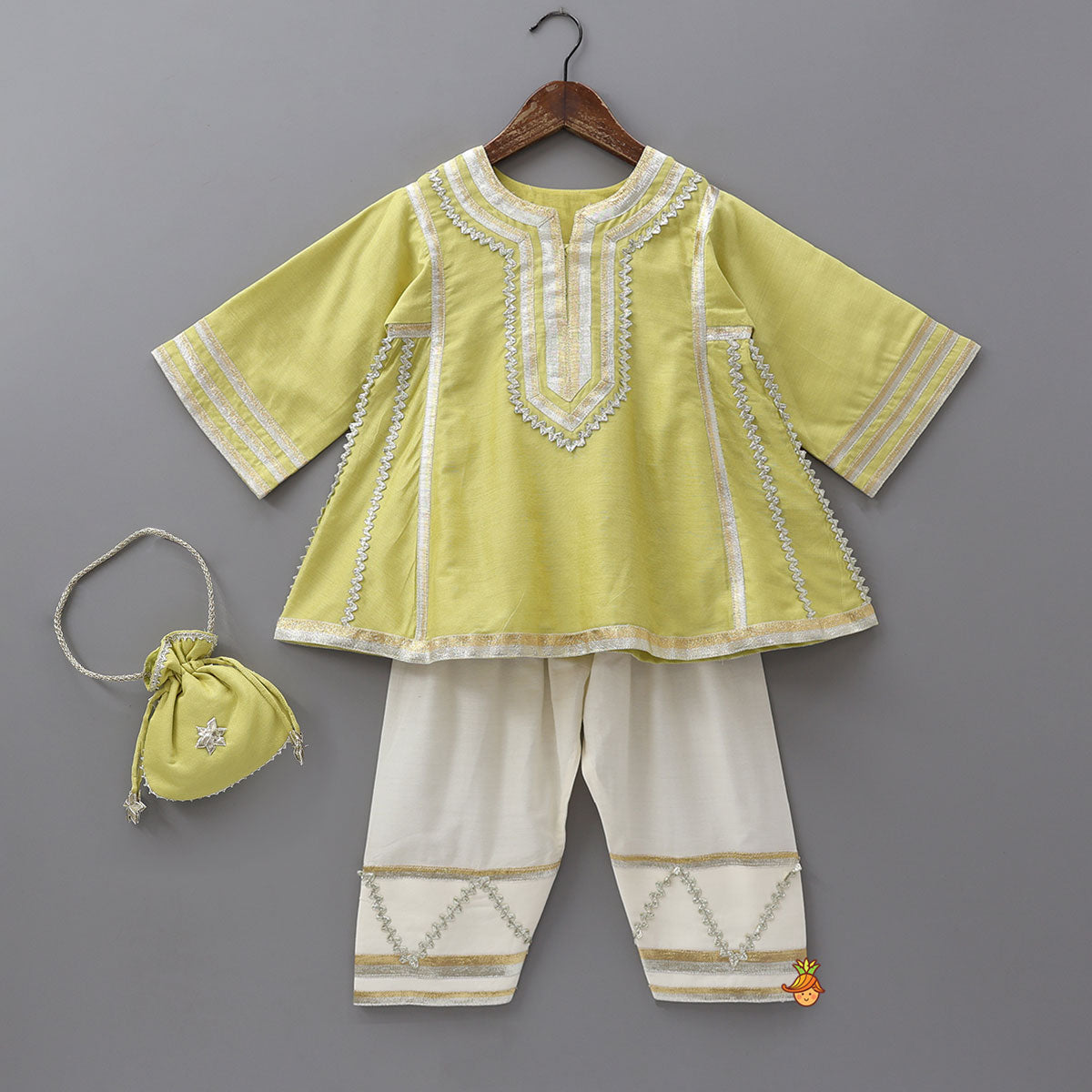 Lace Embellished Kurti And Farshi Salwar With Potli Bag