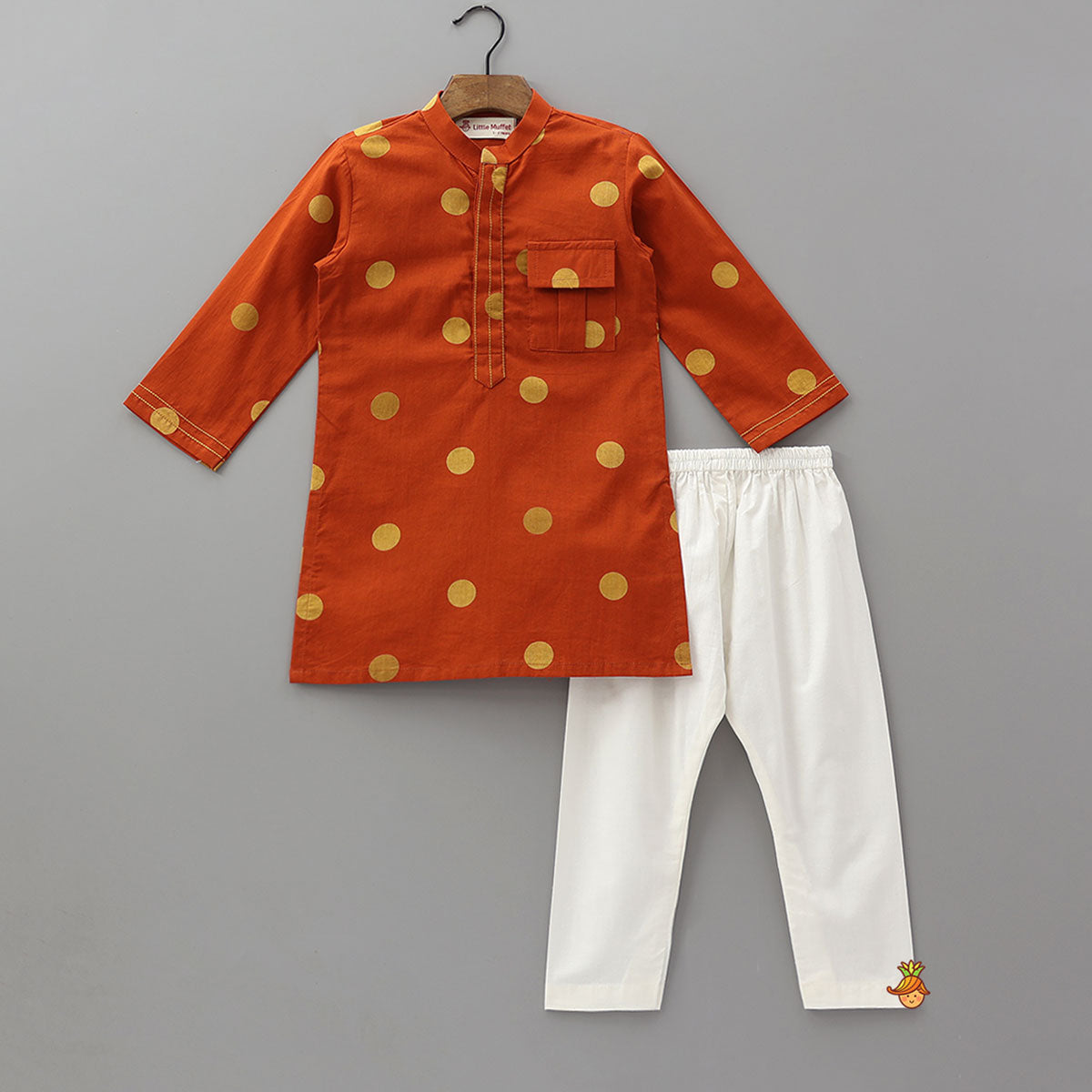 Front Placket Polka Dot Printed Ethnic Kurta And Pyjama