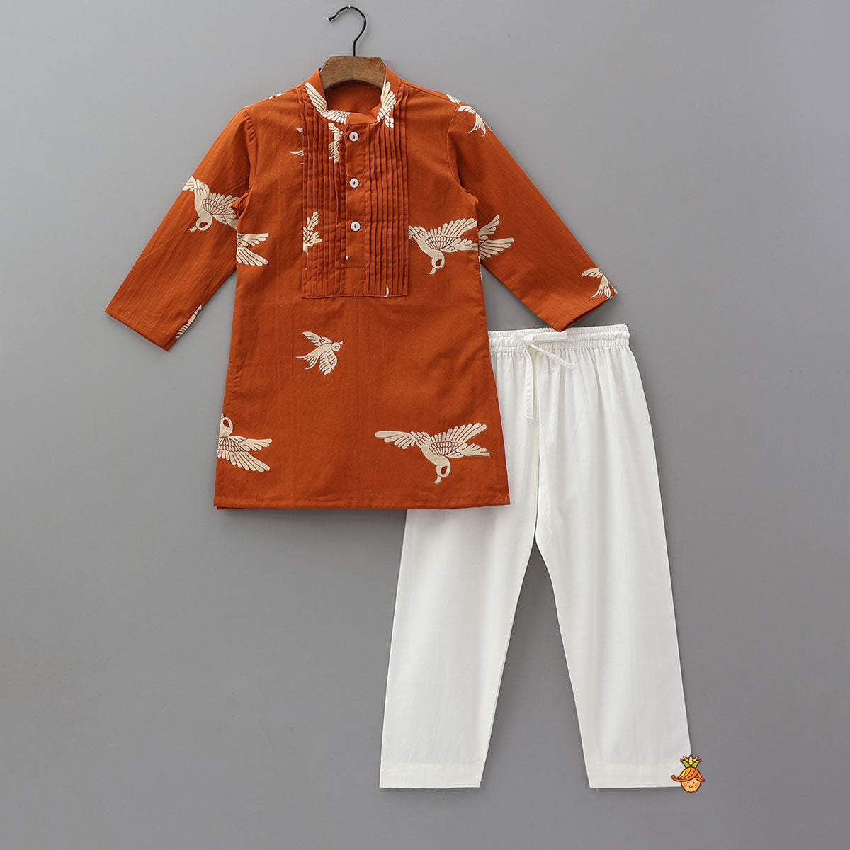 Front Placket Bird Printed Cotton Kurta And Pyjama