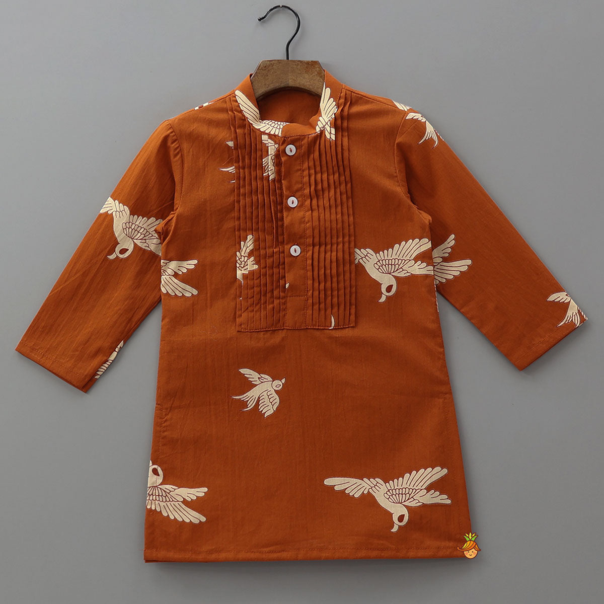 Front Placket Bird Printed Cotton Kurta And Pyjama