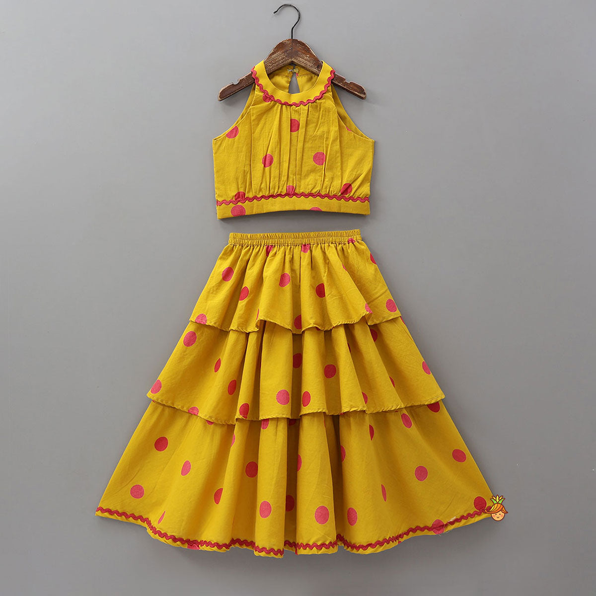 Polka Dot Printed Cotton Crop Top And Layered Lehenga