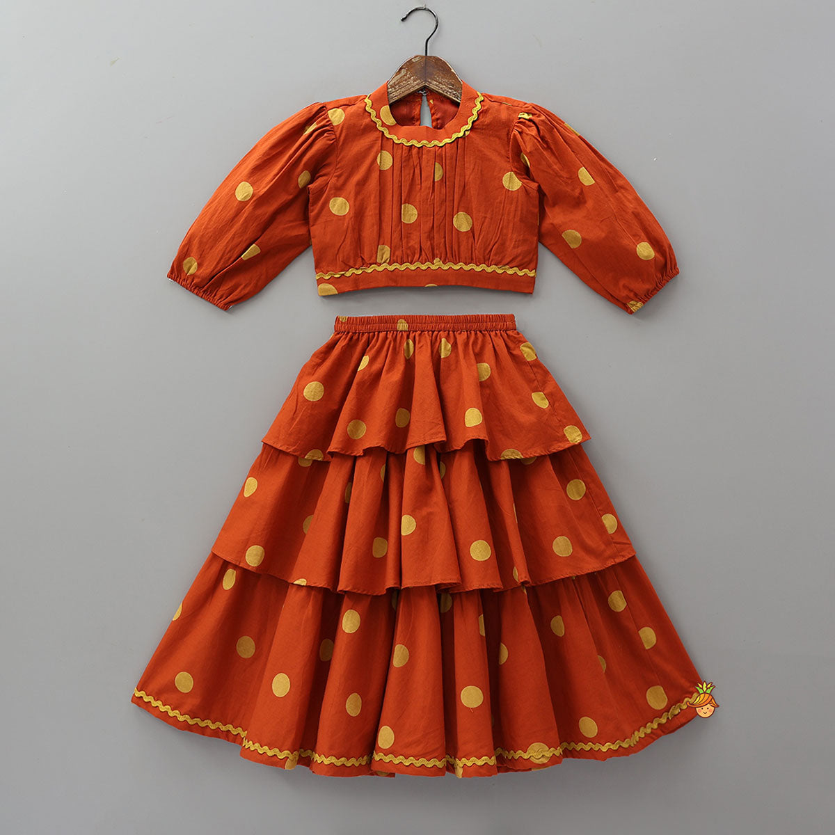 Stylish Sleeves Printed Crop Top And Layered Lehenga