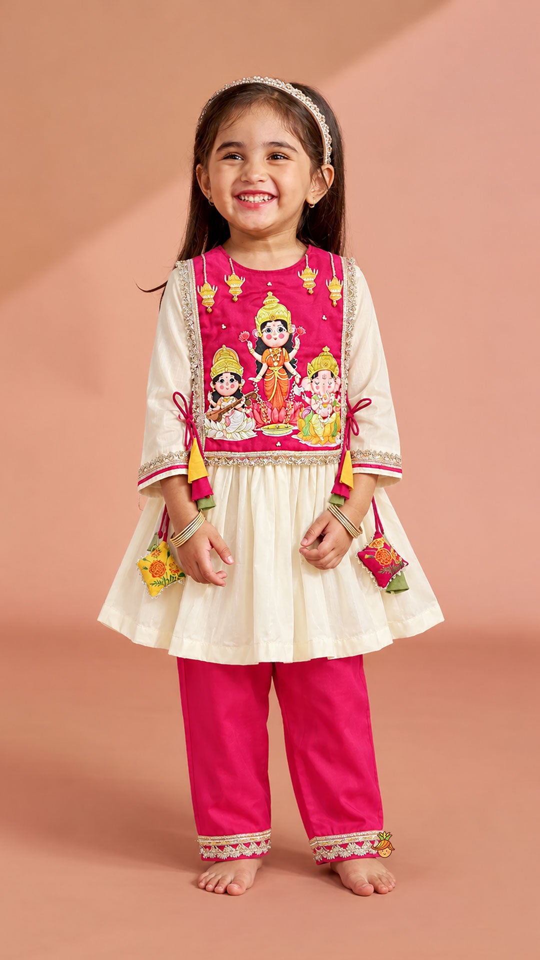 Laxmi, Saraswati, Ganesha Printed Side Knotted Kurti With Pants