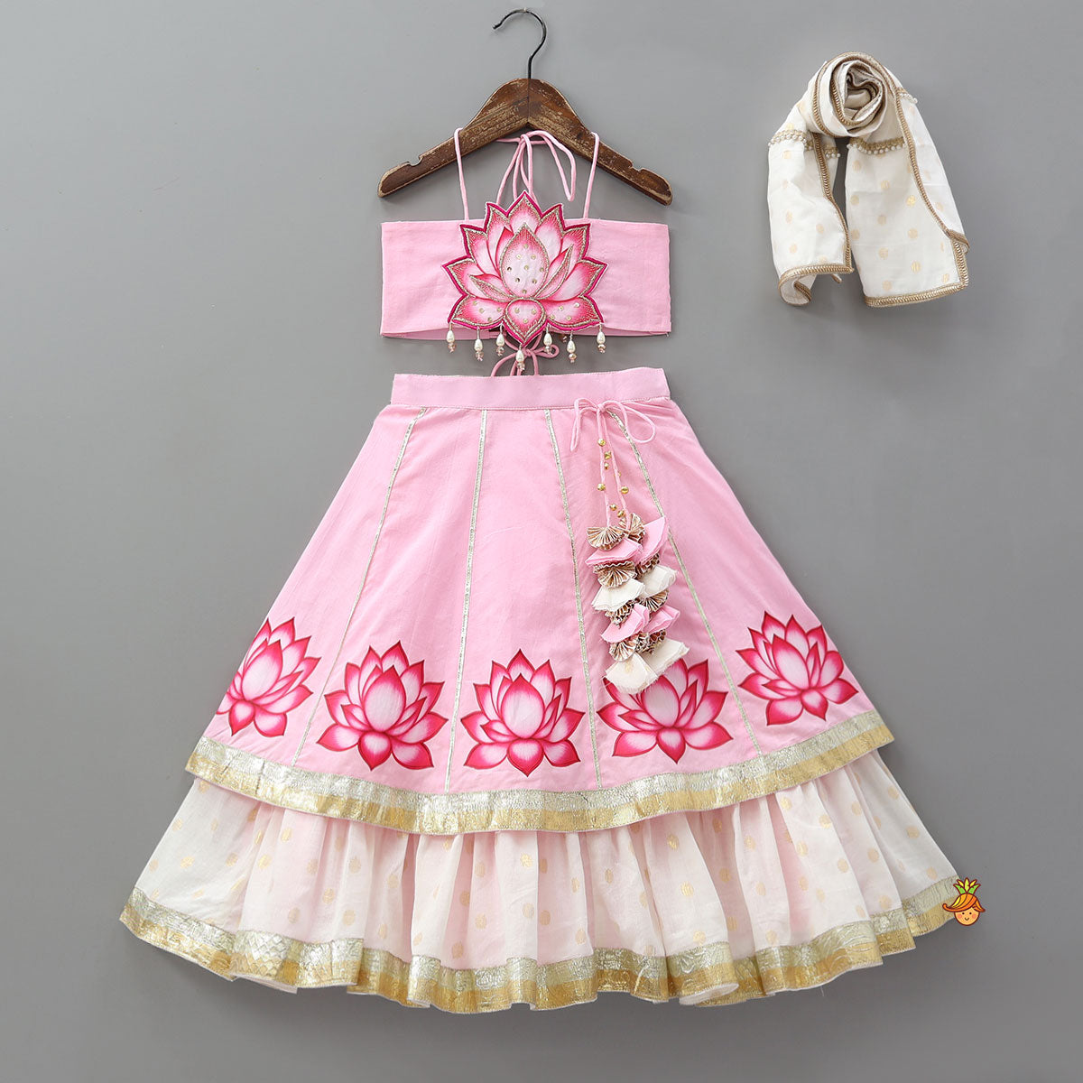 Lotus Motif Halter Top With Tiered Flared Lehenga And Dupatta