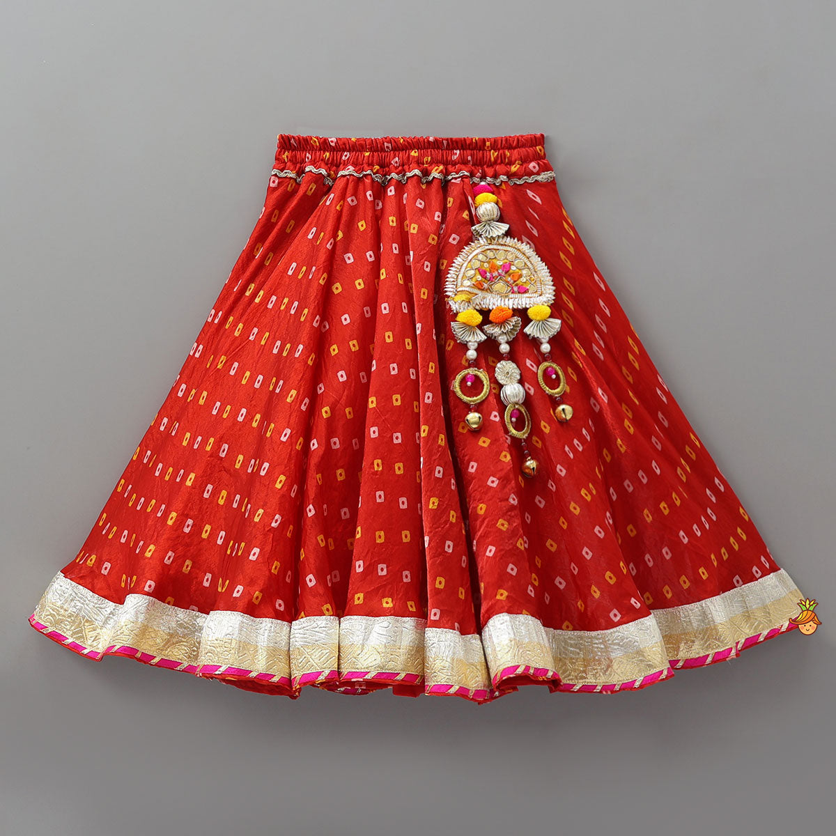 Stunning Crop Top And Tassel Detailed Bandhani Printed Sheen Lehenga With Dupatta