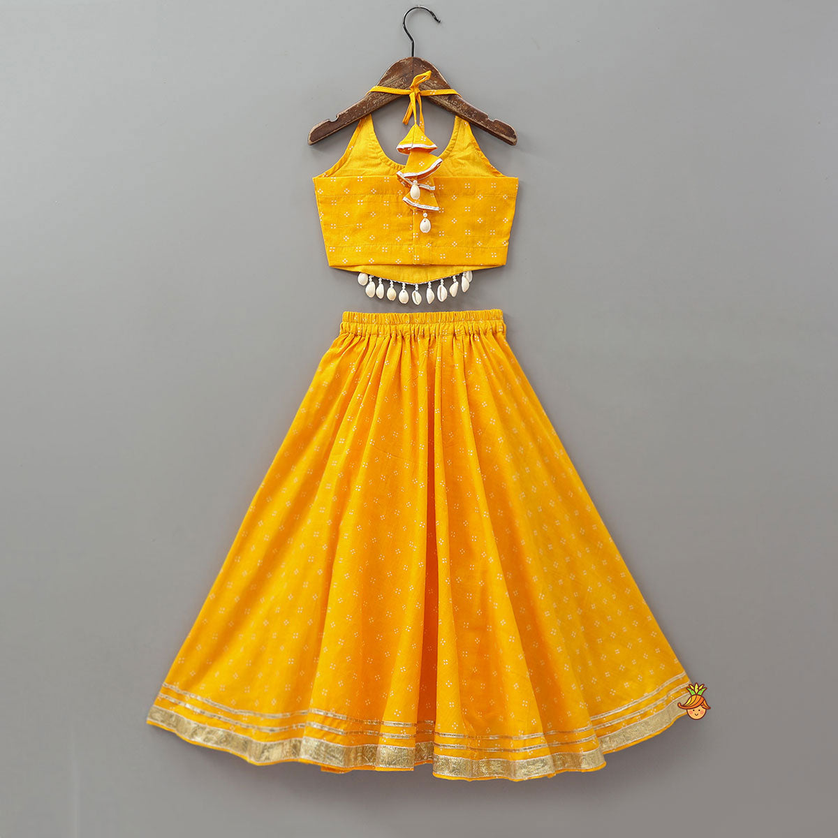 Lace Detailed Halter Neck Crop Top With Flared Lehenga And Dupatta