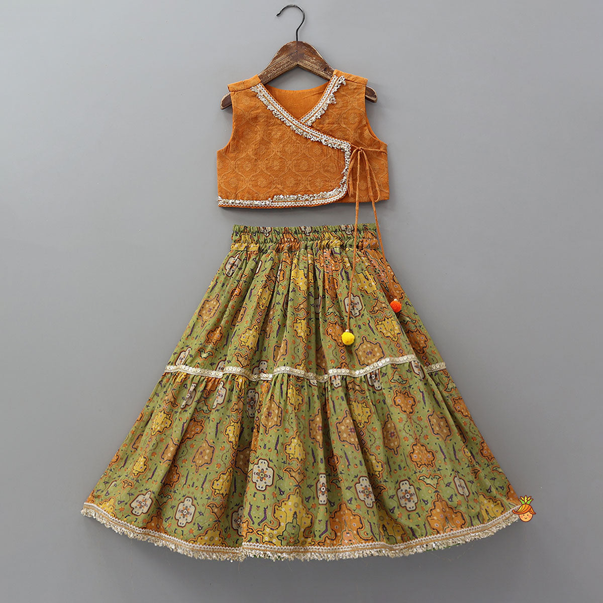 Lace Detailed Angarkha Top With Printed Lehenga