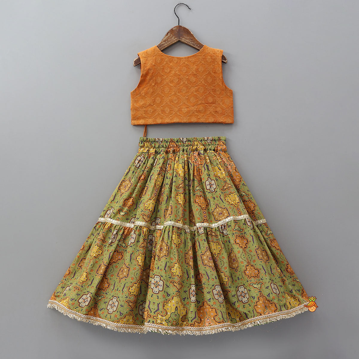 Lace Detailed Angarkha Top With Printed Lehenga