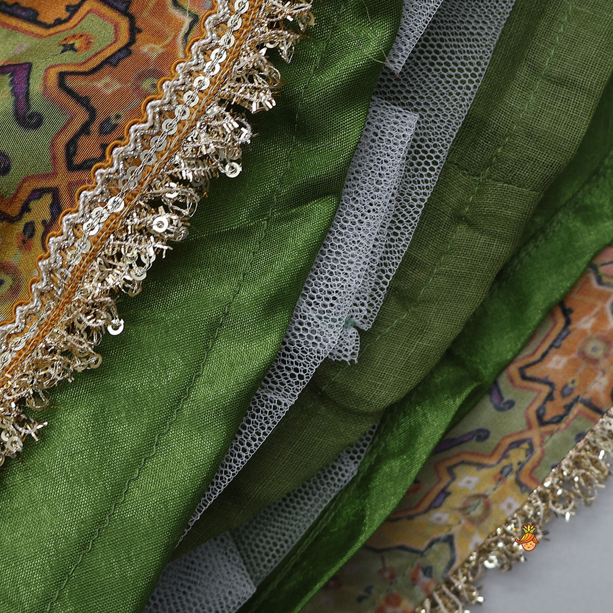Lace Detailed Angarkha Top With Printed Lehenga