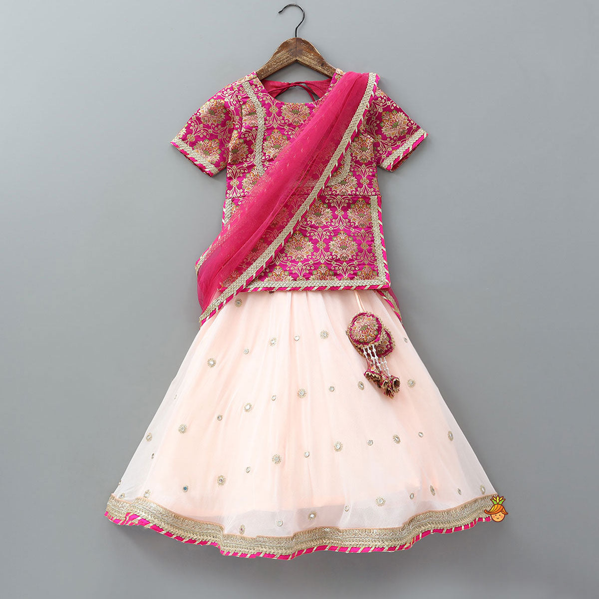 Side-Slit Brocade Top And Lehenga With Attached Dupatta