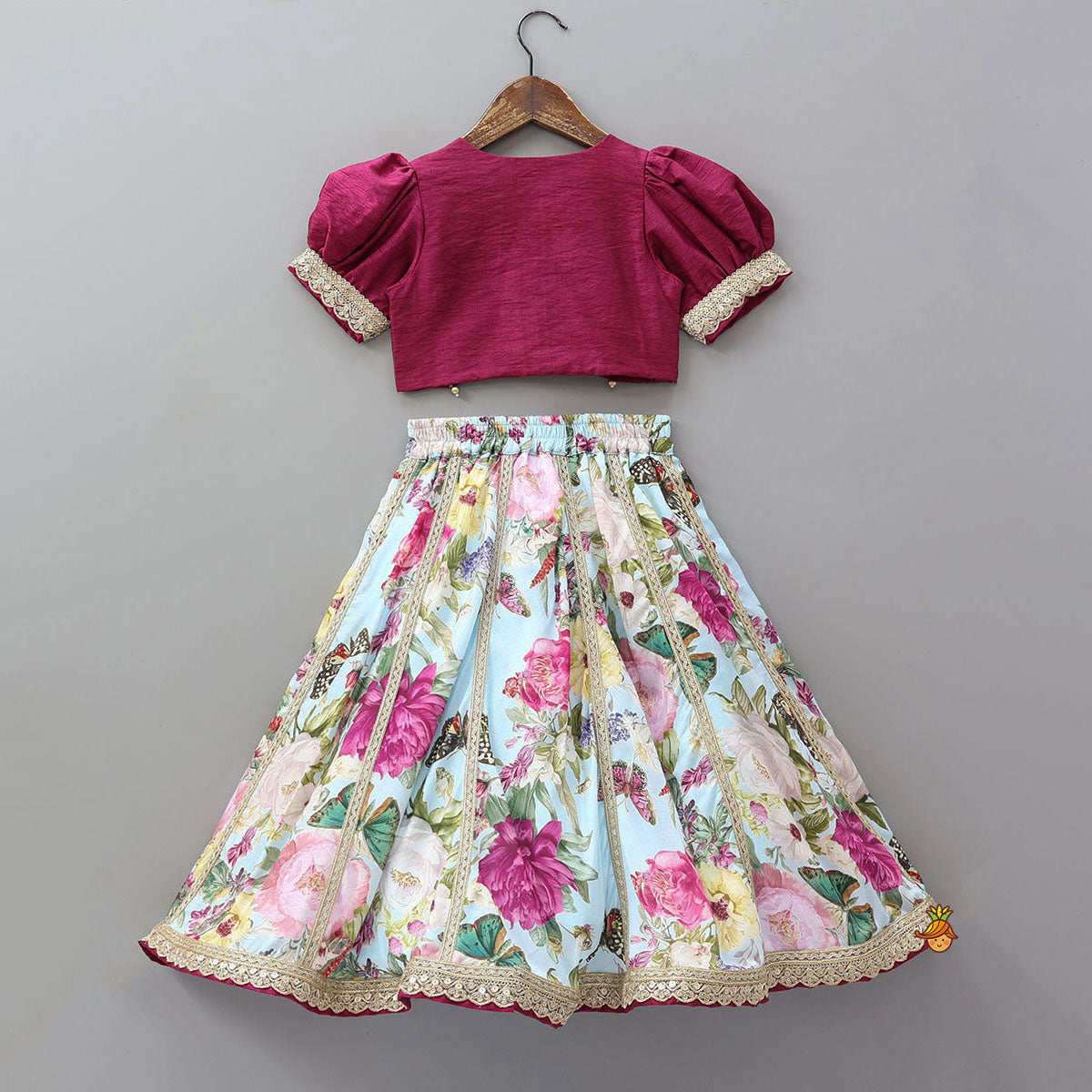 Lace Work Puff Sleeves Crop Top And Floral Printed Lehenga With Dupatta