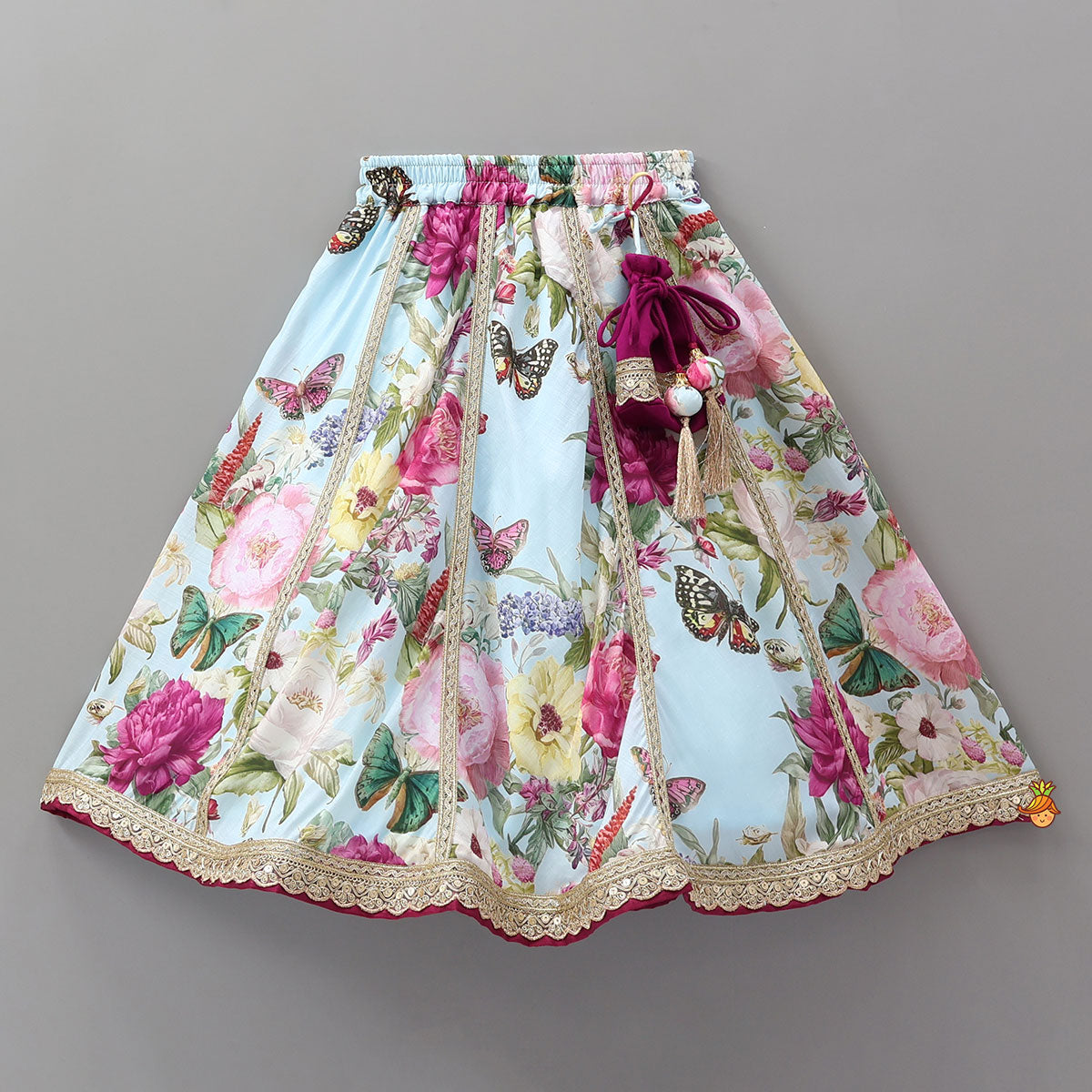 Lace Work Puff Sleeves Crop Top And Floral Printed Lehenga With Dupatta