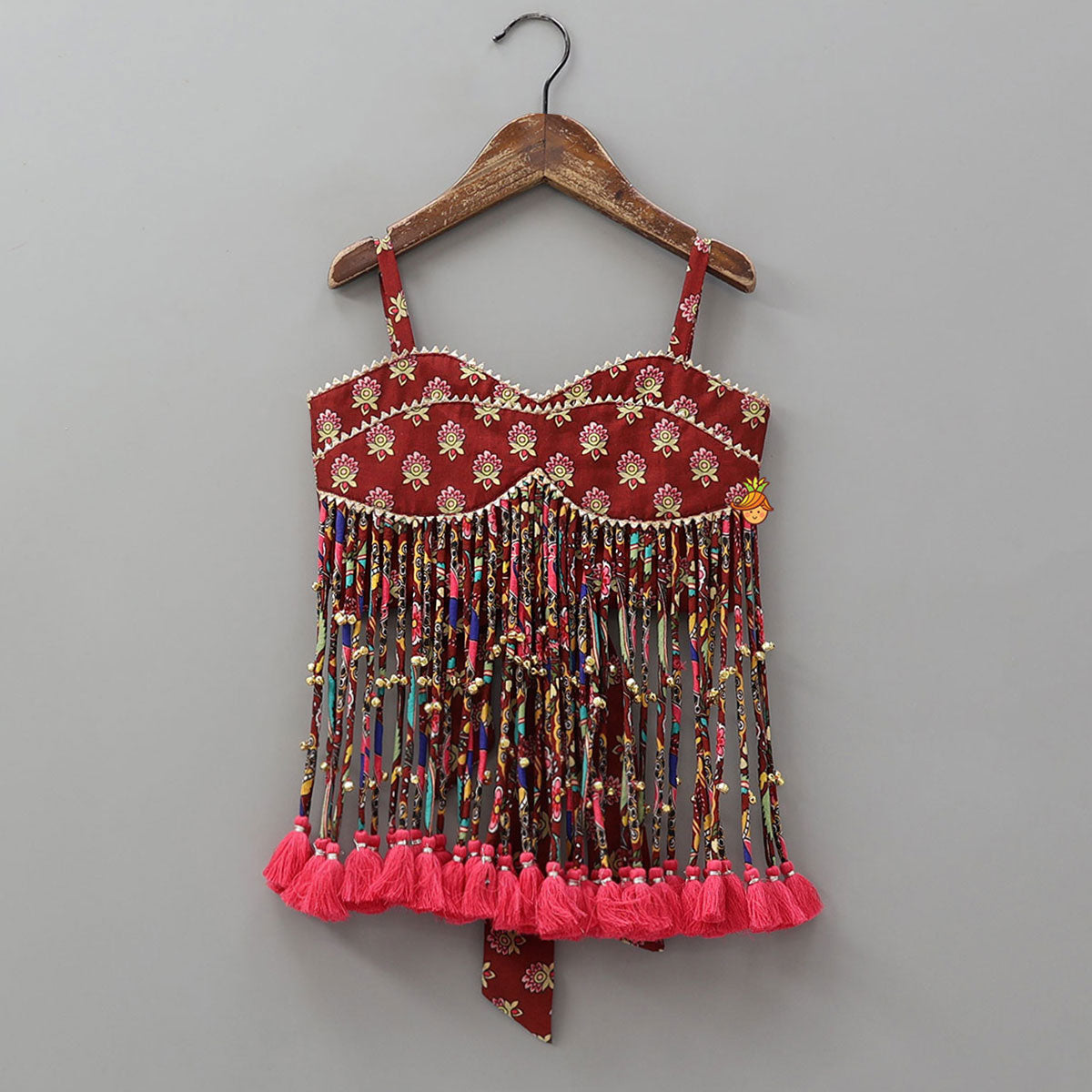 Stunning Multiple Hanging Tassels Detailed Strappy Crop Top And Lehenga