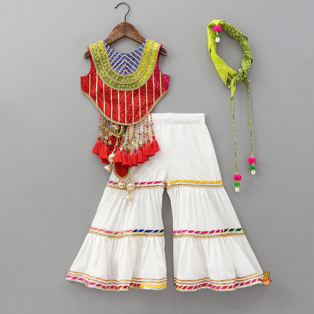 Tassels Adorned Criss Cross Bandhani Top And Tiered Sharara With Bandana