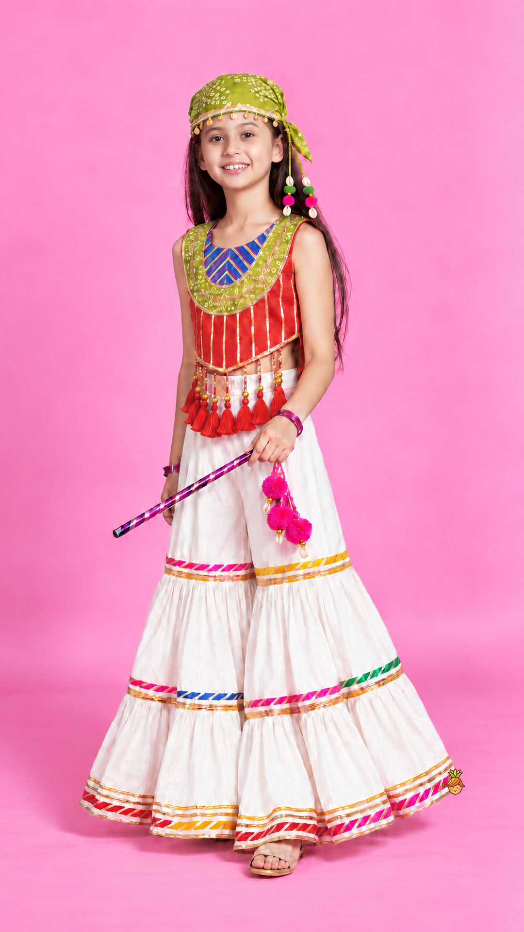 Tassels Adorned Criss Cross Bandhani Top And Tiered Sharara With Bandana