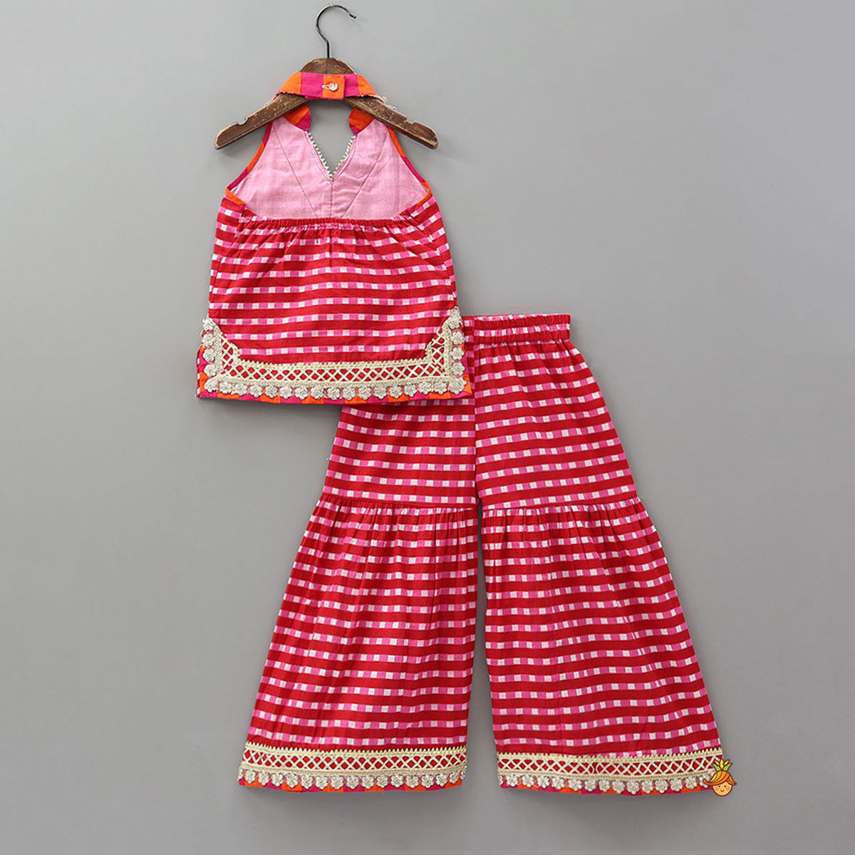 Checkered Lace Detailed Kurti And Flared Sharara With Dupatta