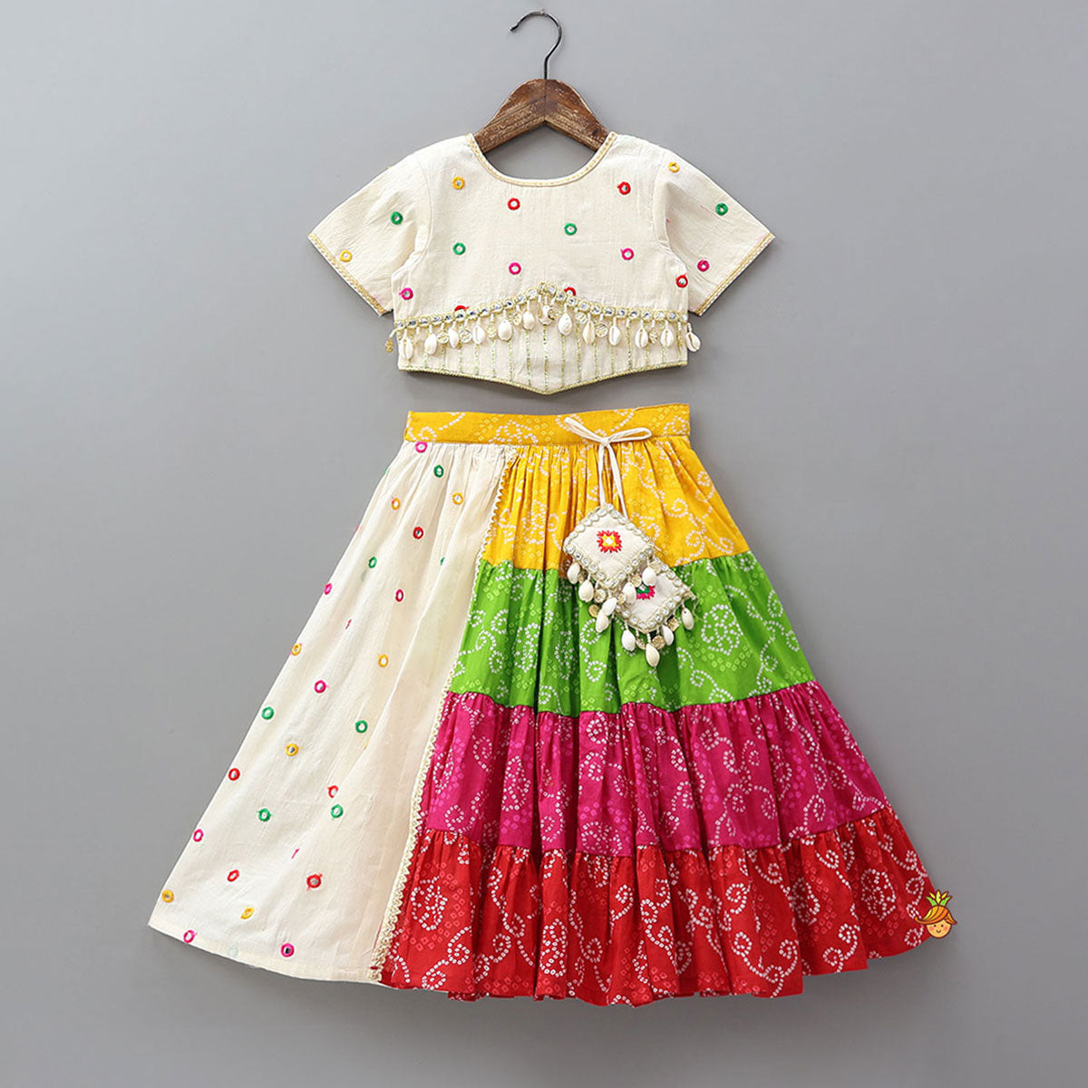 Exquisite Faux Mirror Embellished Crop Top With Multicolour Bandhani Printed Lehenga And Dupatta