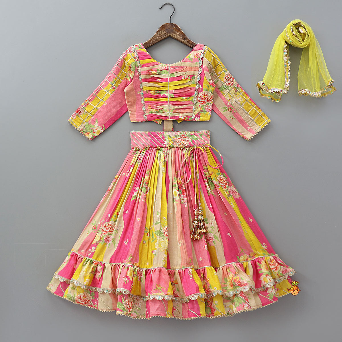 Pin Tuck Detailed Yoke Crop Top And Lehenga With Dupatta