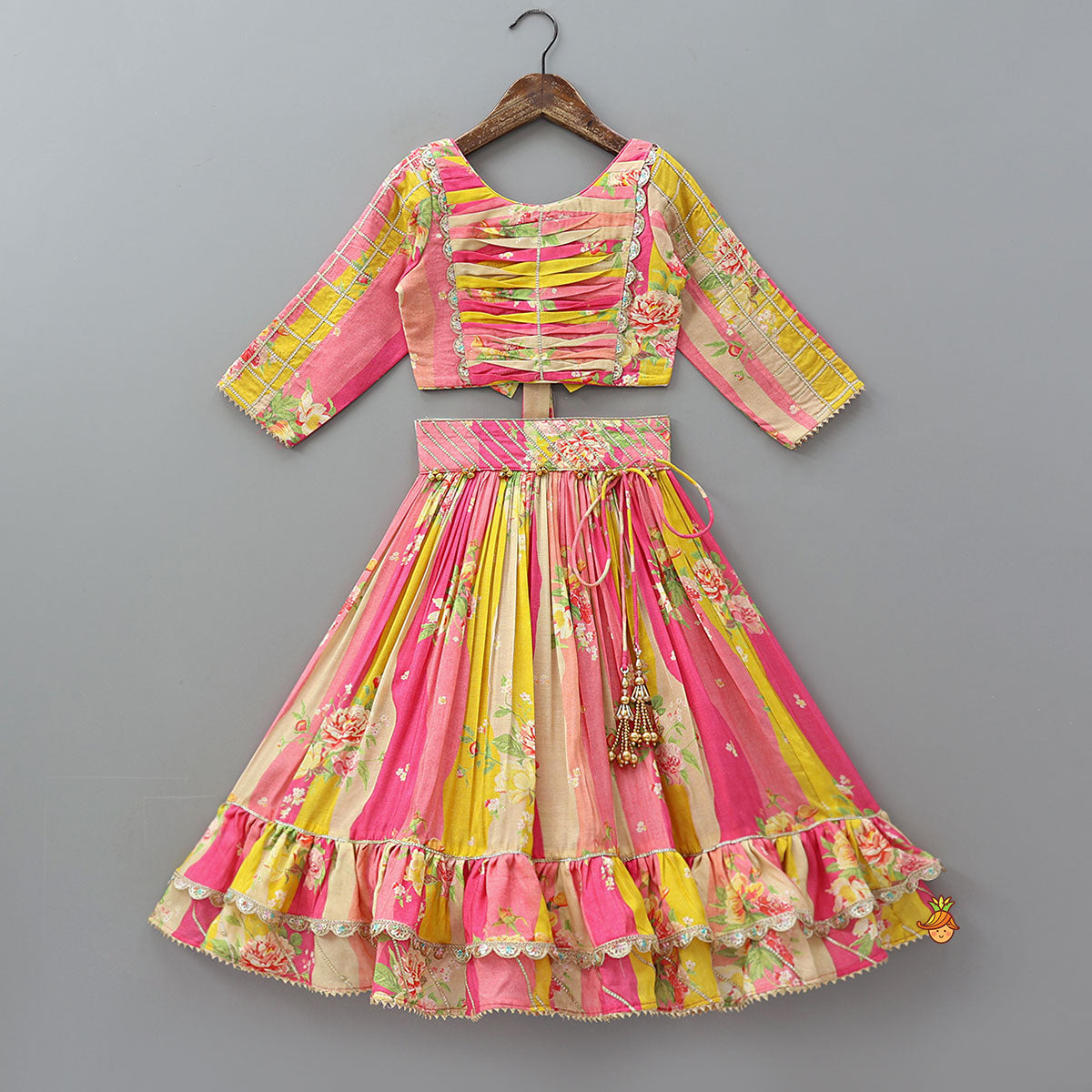 Pin Tuck Detailed Yoke Crop Top And Lehenga With Dupatta