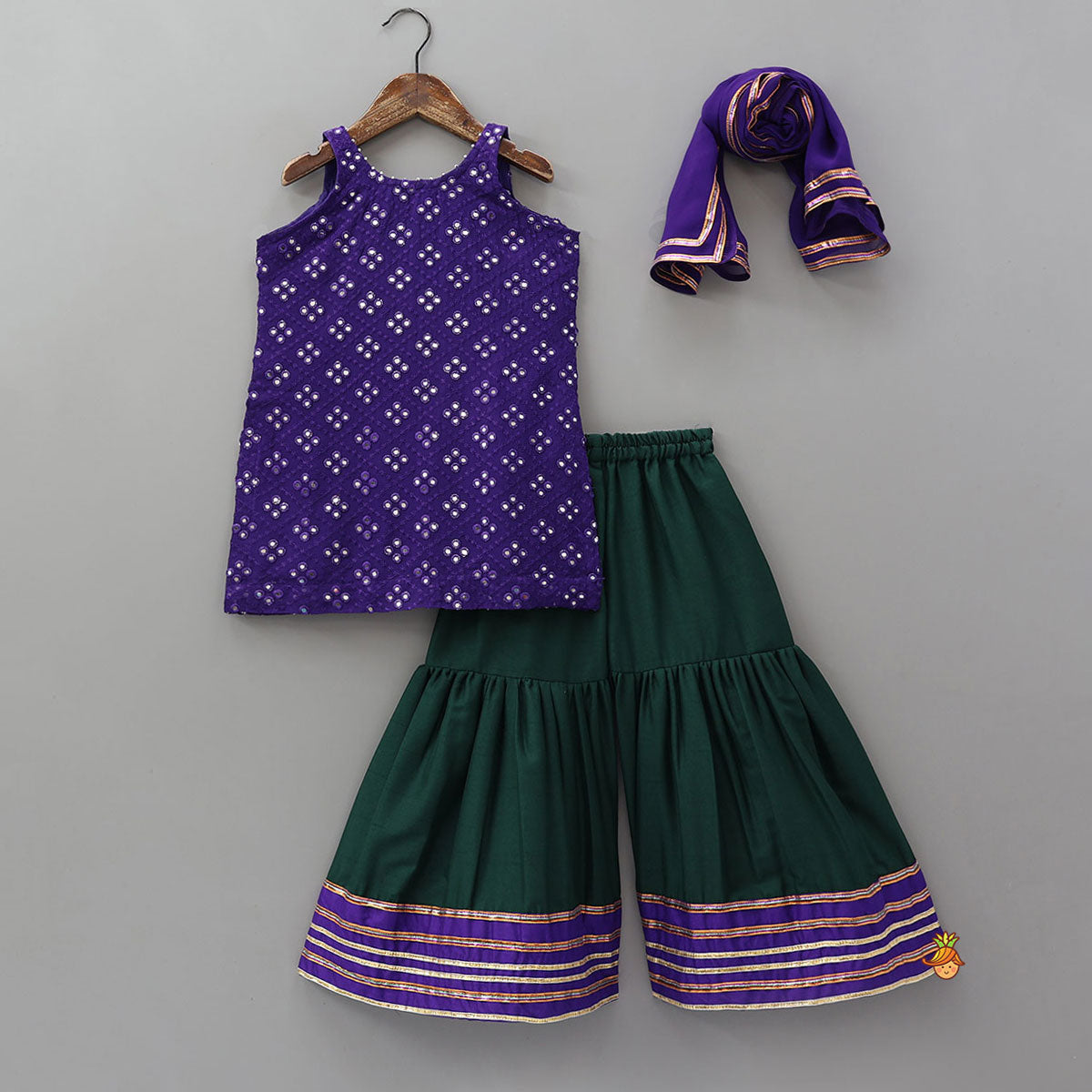 Festive Faux Mirror Work Kurti And Sharara With Dupatta
