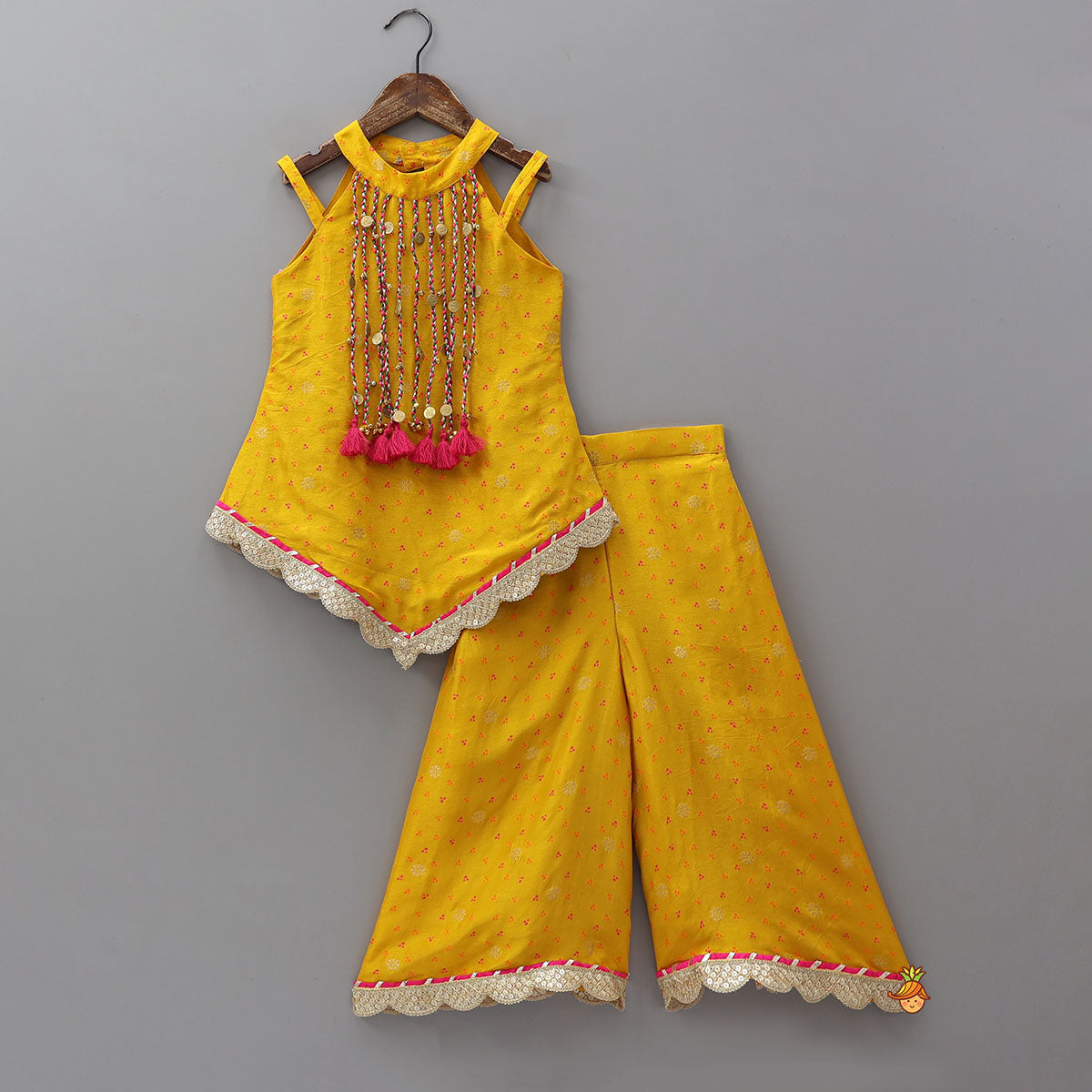 Stylish Kurti And Palazzo With Hanging Fringe Tassel Detail