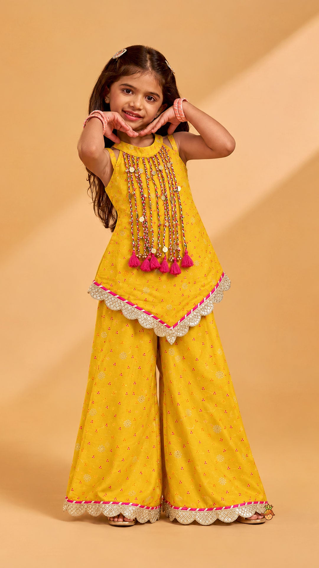 Stylish Kurti And Palazzo With Hanging Fringe Tassel Detail