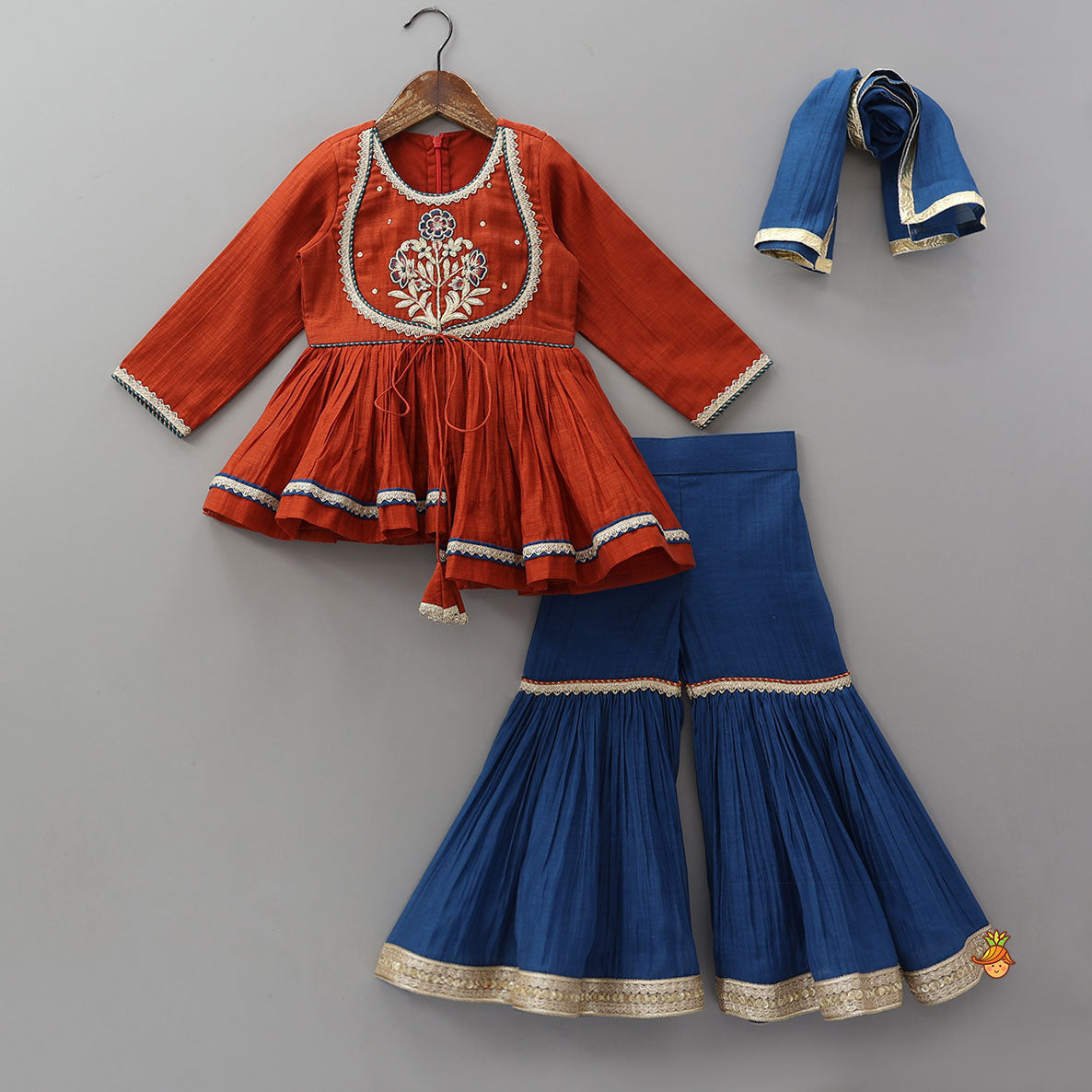 Yoke Embroidered Kurti And Sharara With Dupatta