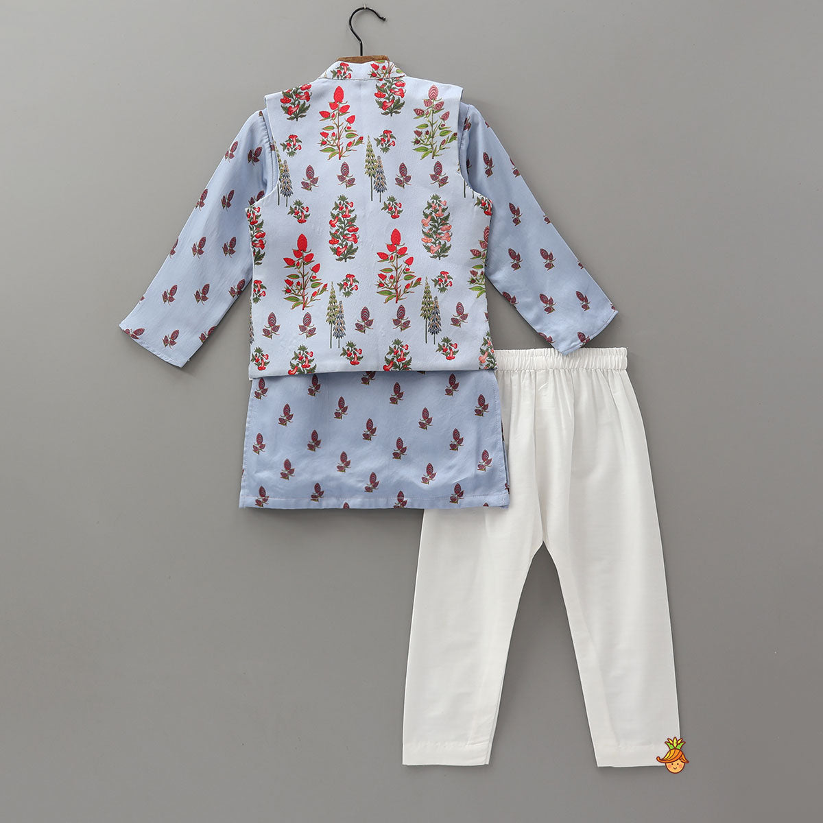 Floral Printed Kurta With Checks Open Jacket And Pyjama