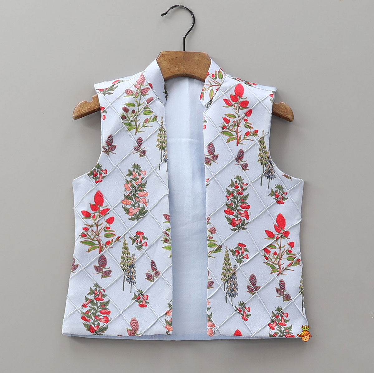 Floral Printed Kurta With Checks Open Jacket And Pyjama