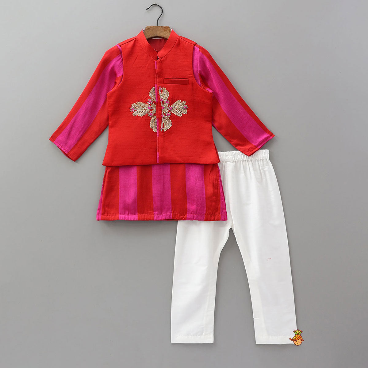 Beautiful Striped Kurta With Embroidered Jacket And Pyjama
