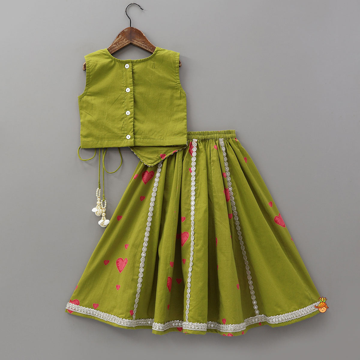 Heart Printed Asymmetric Crop Top And Lehenga